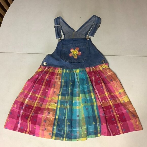 Vtg Girl's Dress Jumper Looney Tunes Tweety Bird Denim Jean Plaid Floral Sz 12 - Picture 1 of 8